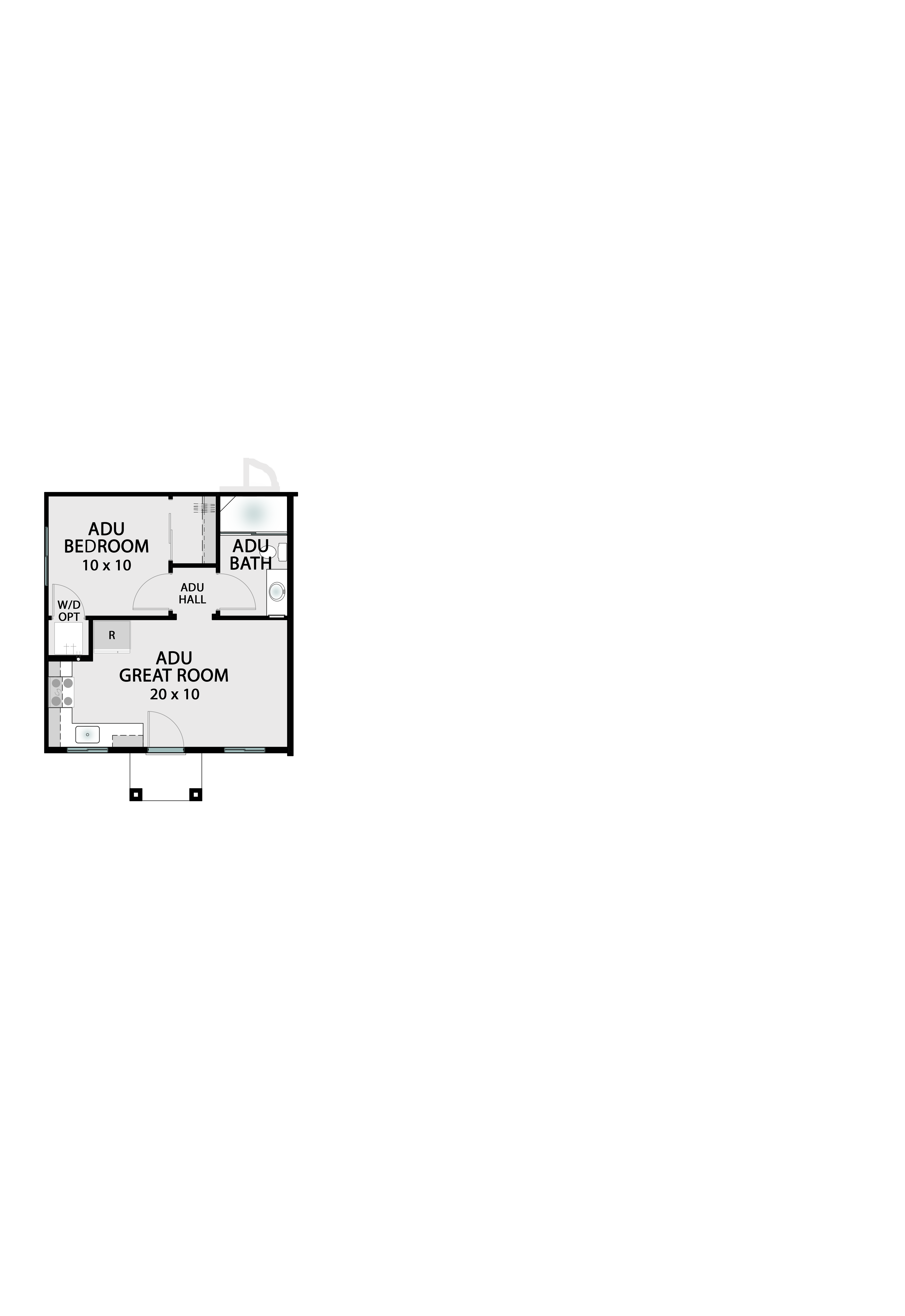 ADU Option structural overlay — adds a 220 square foot independent Accessory Dwelling Unit with private entrance, kitchen, bath, and living space